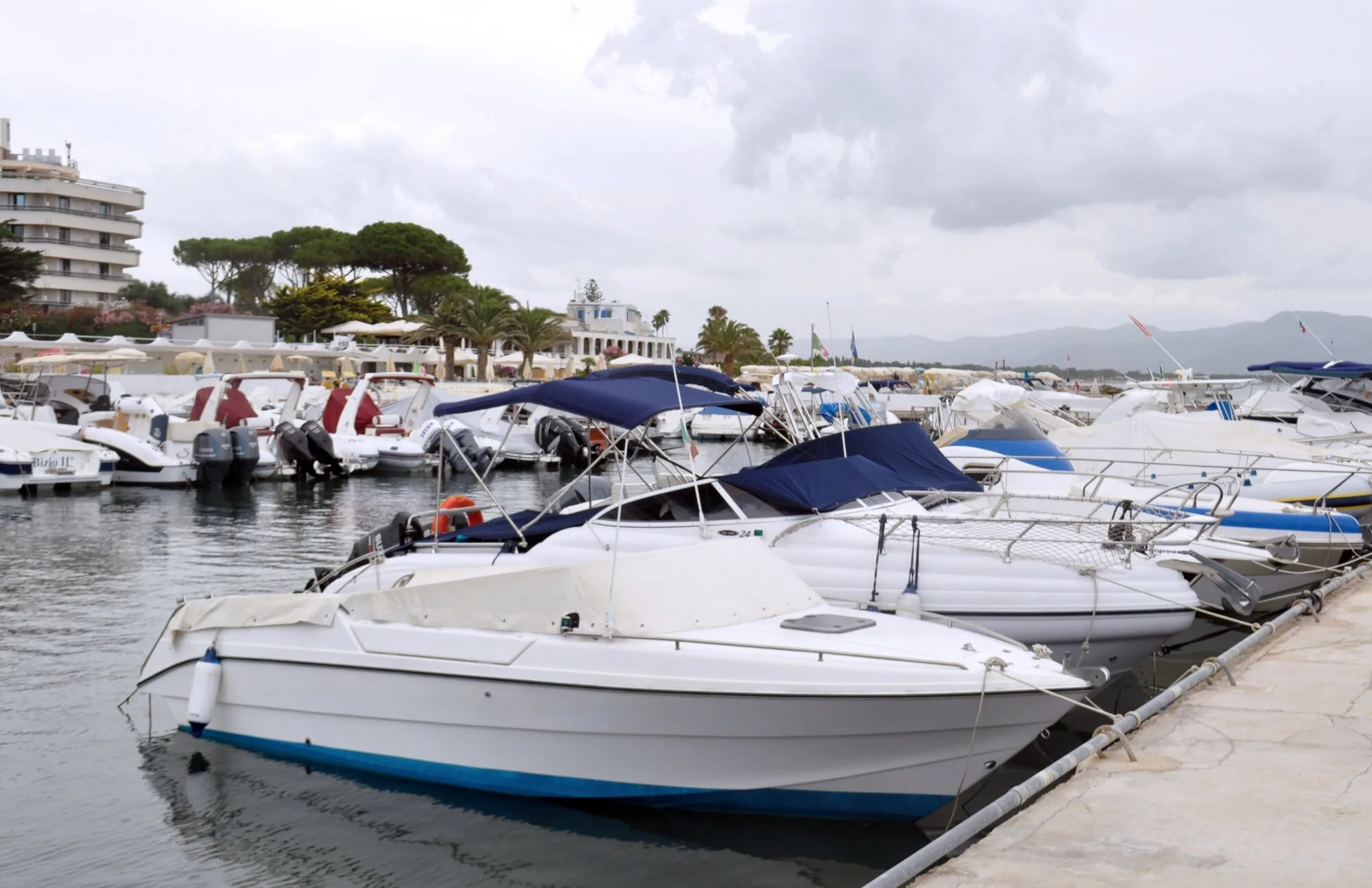 A row of motor vessels moored at the dock awaiting pre-purchase inspection